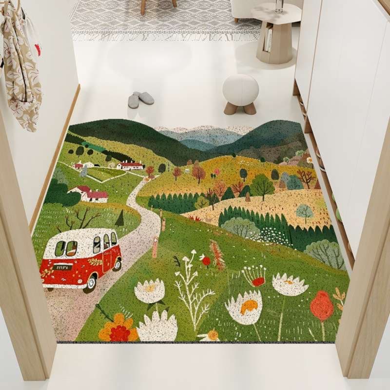 田舎の風景が描かれた玄関マット