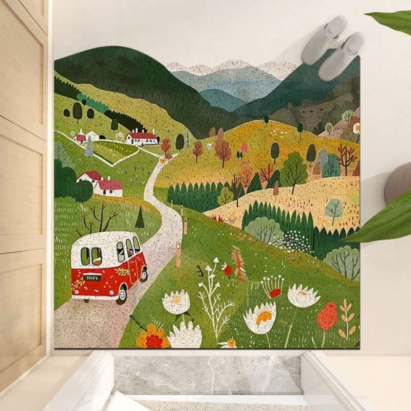 田舎の風景が描かれた玄関マット