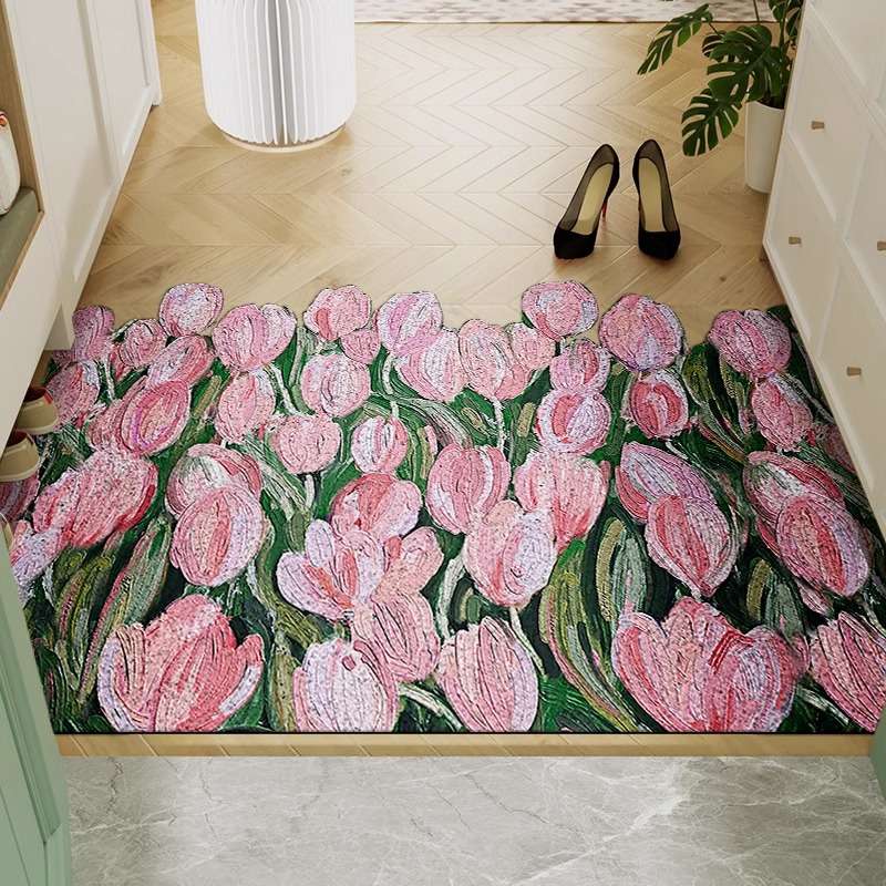 チューリップ模様の絵画風玄関マット