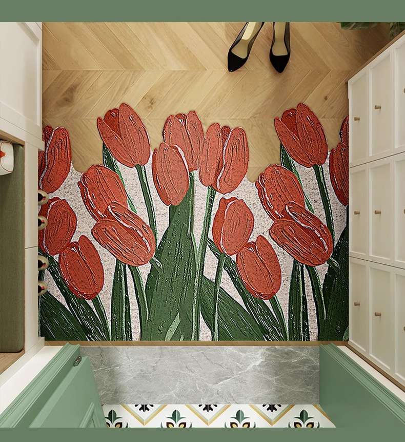 チューリップ模様の絵画風玄関マット