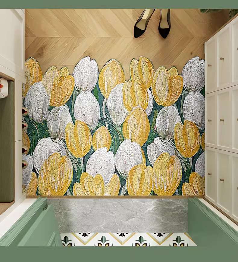 チューリップ模様の絵画風玄関マット